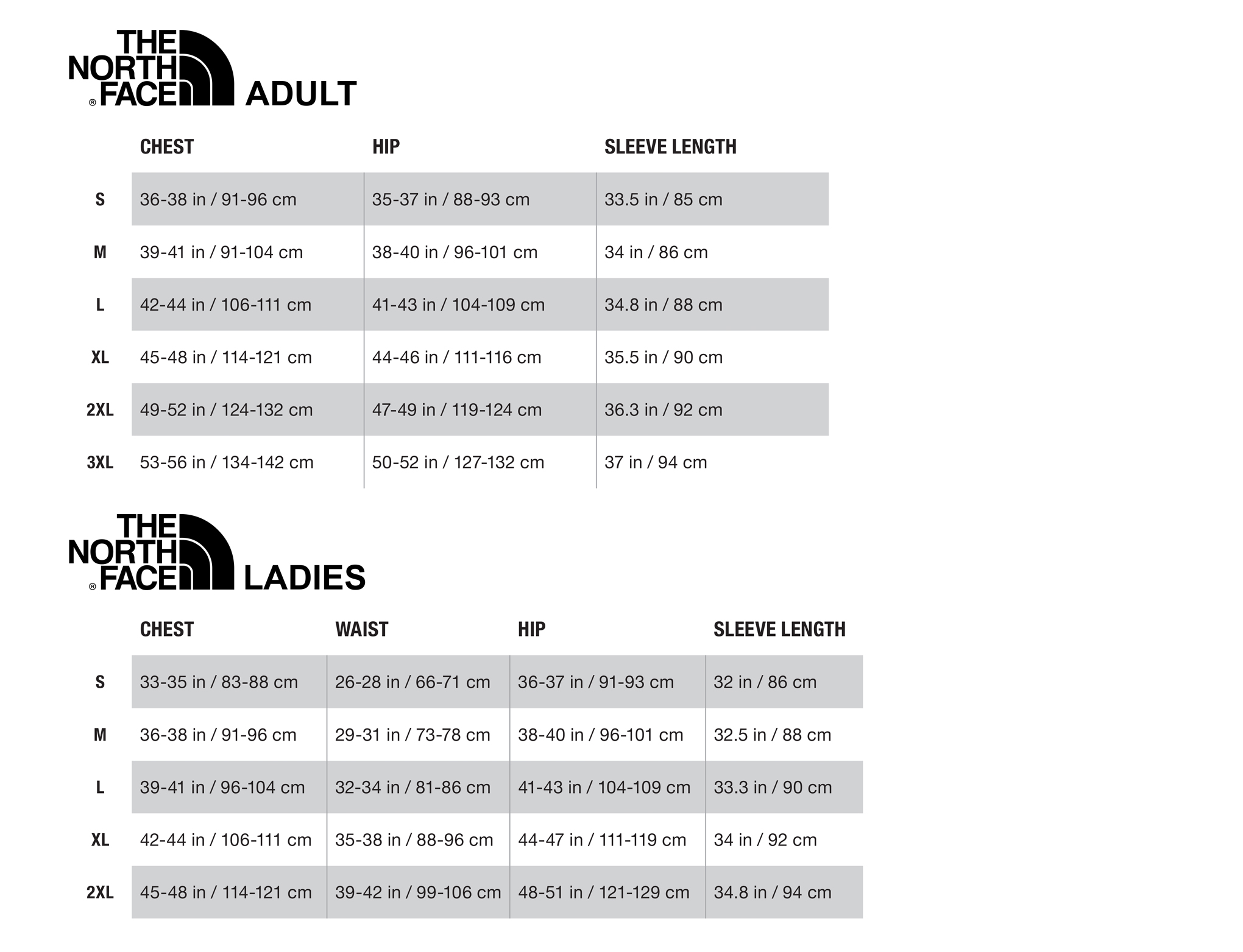 Sizing Chart - The North Face Custom Apparel