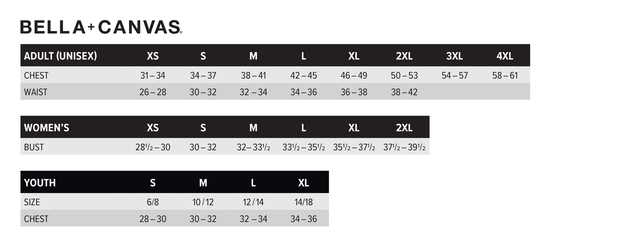 Custom Bella Canvas Sizing Chart