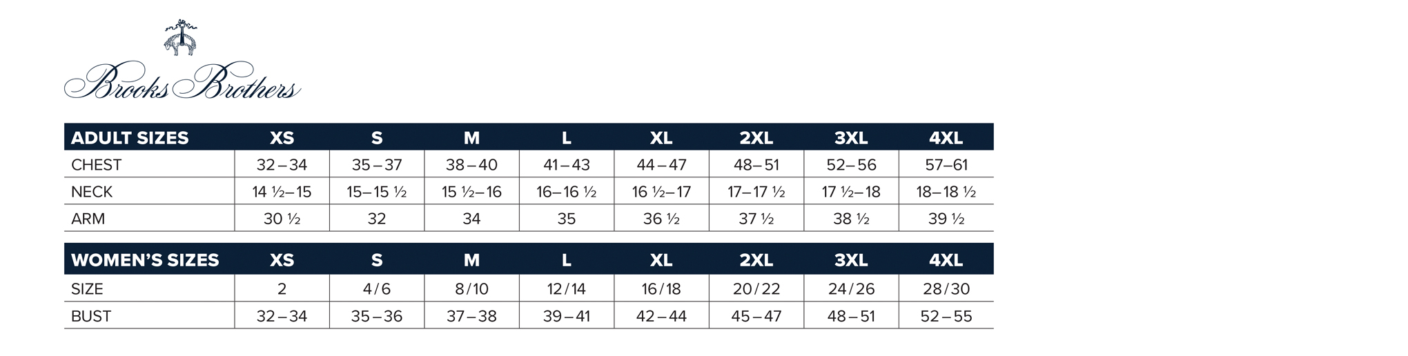 Custom Brooks Brothers Sizing Chart