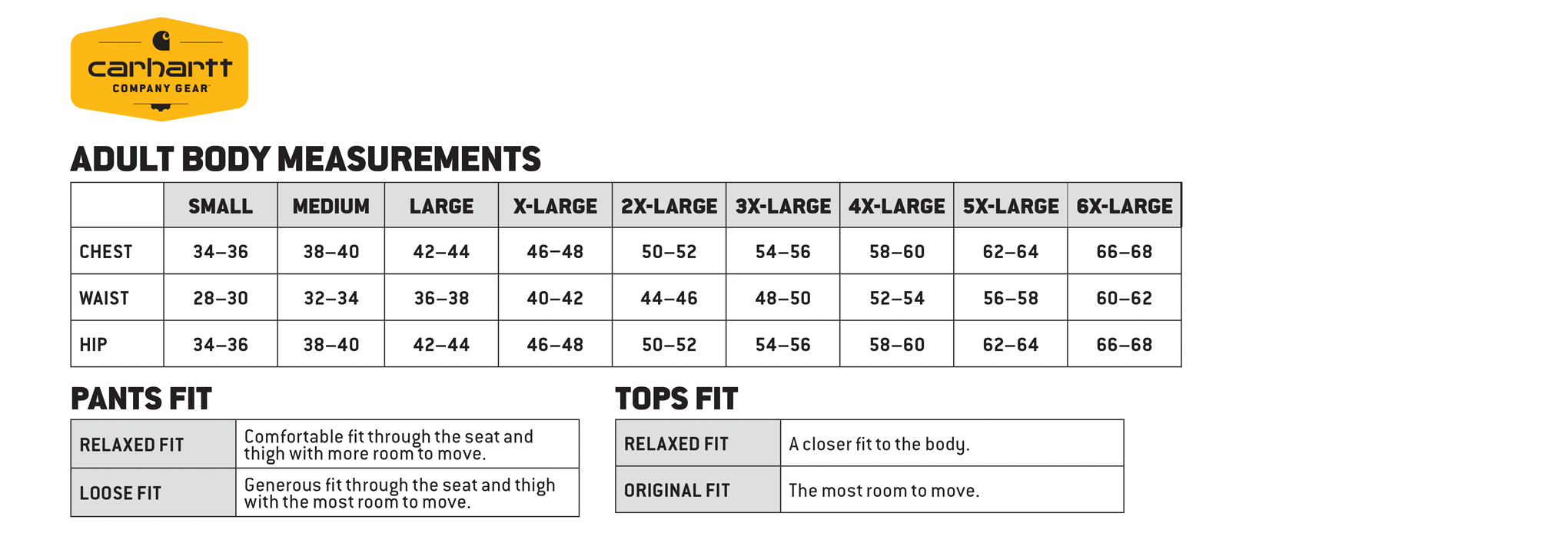 Custom Carhartt Sizing Chart