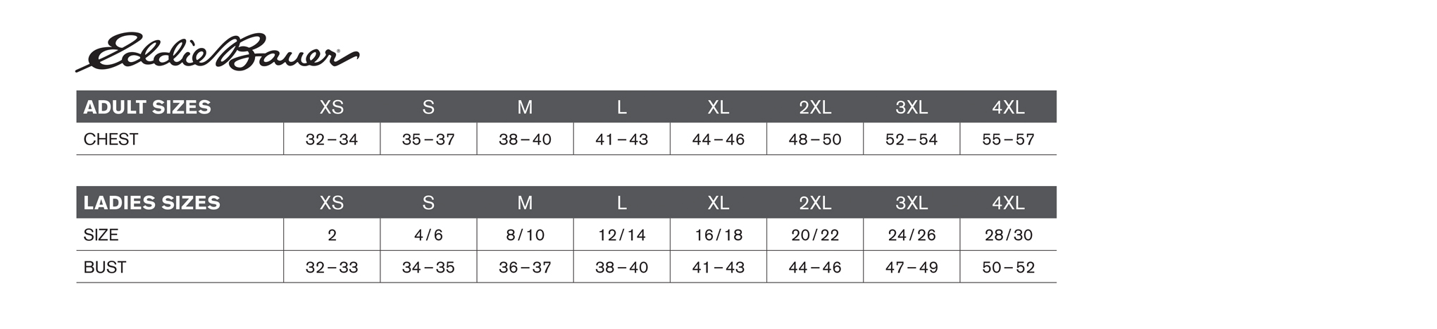 Custom Eddie Bauer Sizing Chart