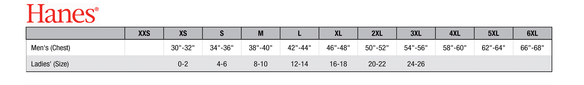 Custom Hanes Sizing Chart