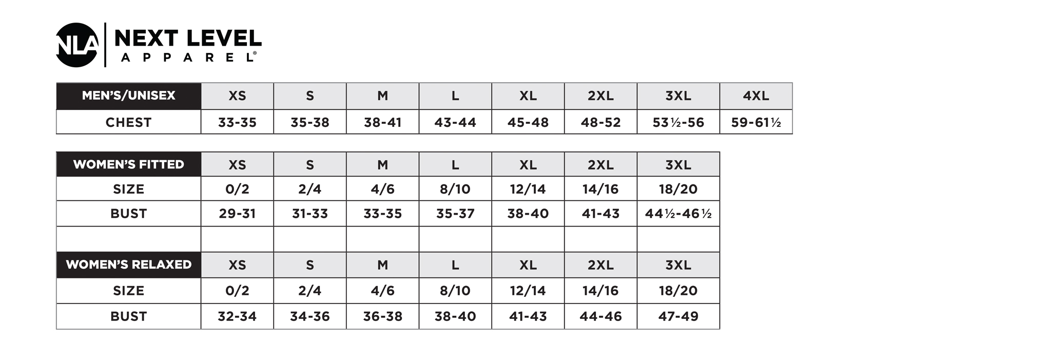 Custom Next Level Sizing Chart