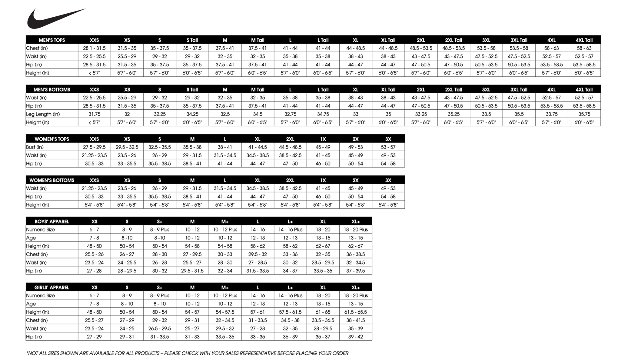 Custom Nike Sizing Chart