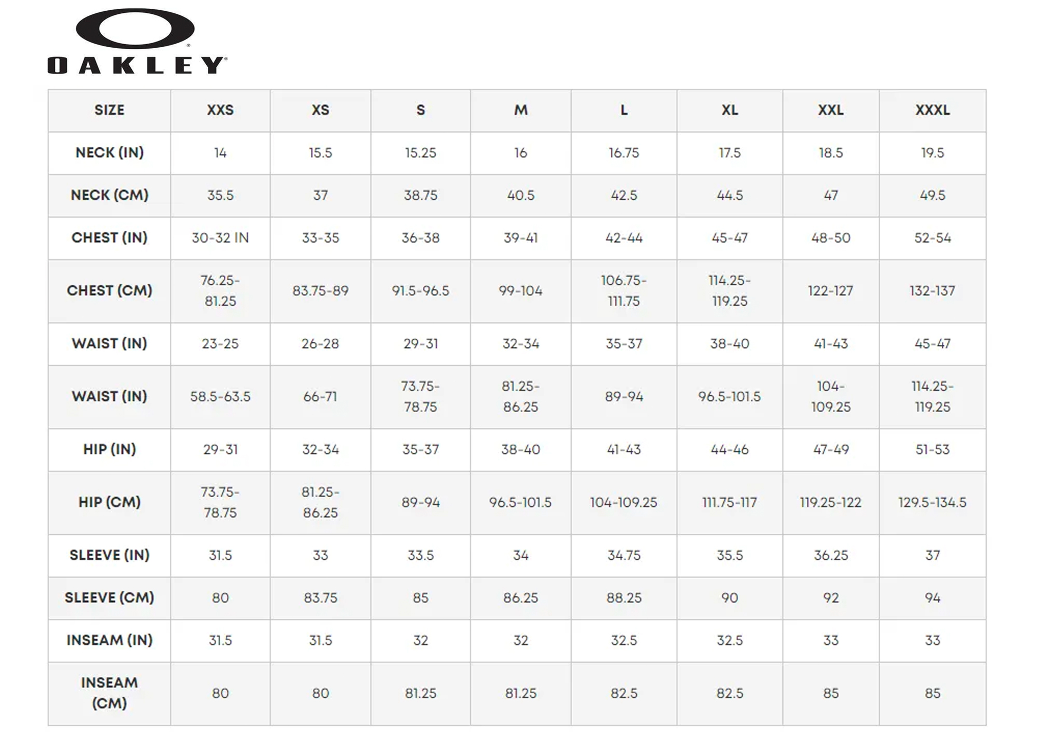 Custom Oakley Sizing Chart