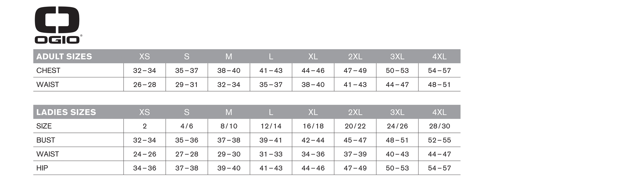 Custom Ogio Sizing Chart