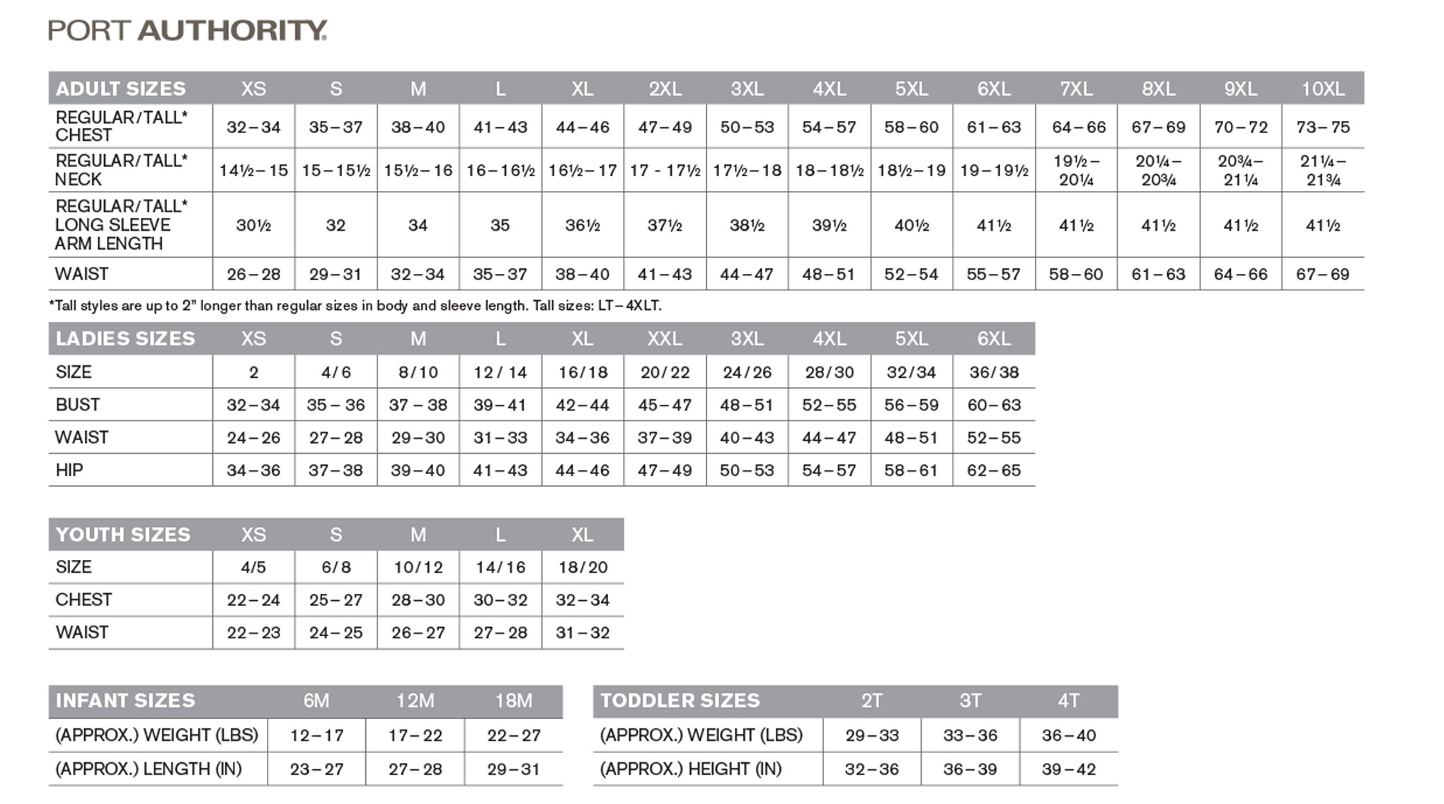 Custom Port Authority Sizing Chart