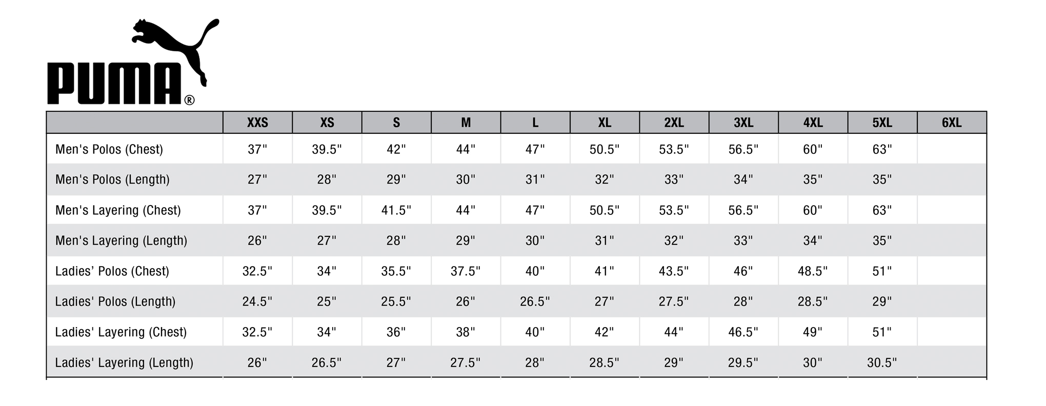 Custom Puma Sizing Chart