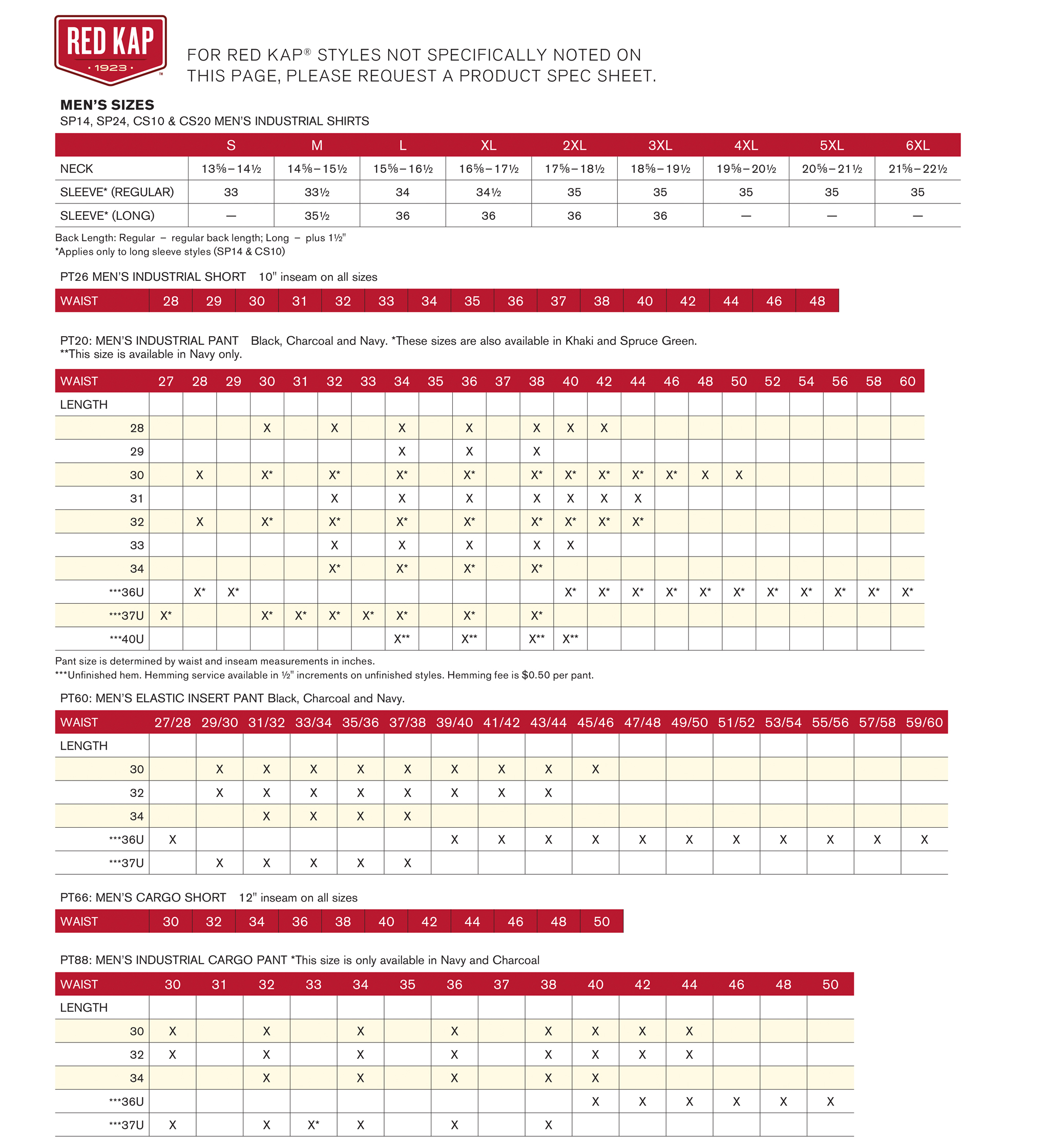 Custom Redkap Sizing Chart