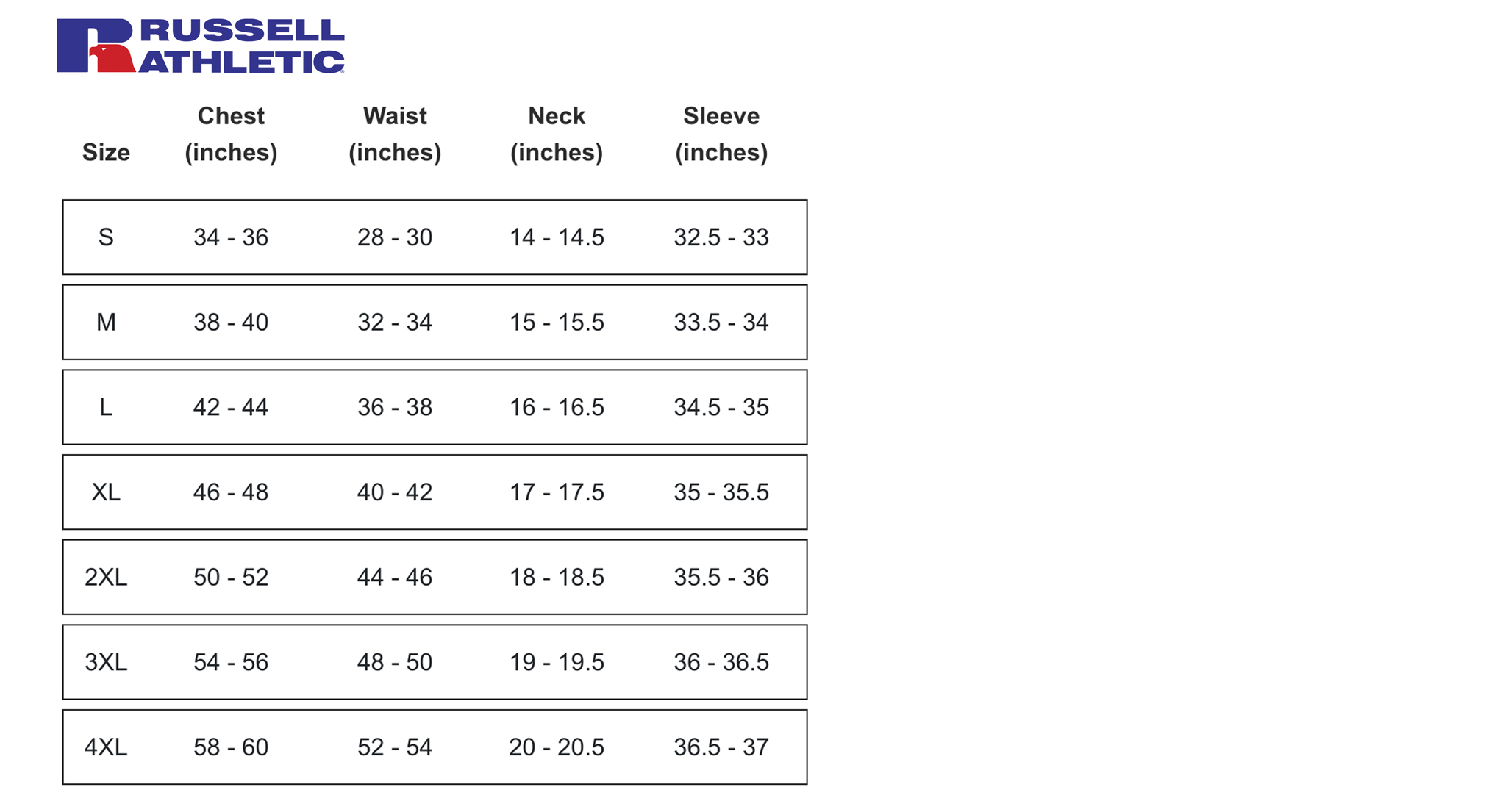 Custom Russell Athletic Sizing Chart