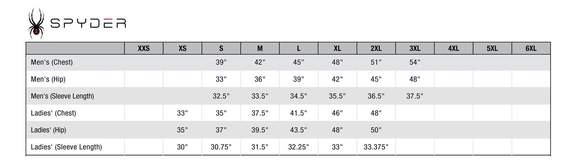 Custom Spyder Sizing Chart