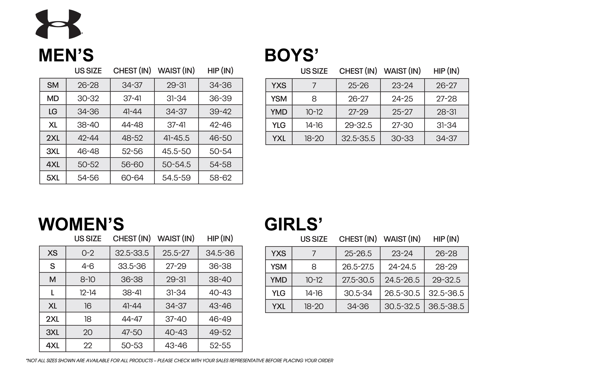 Custom Under Armour Sizing Chart