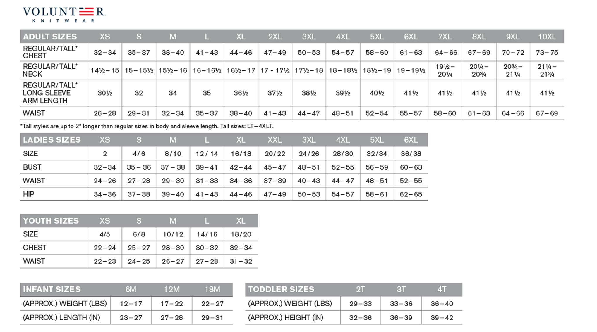 Custom Volunteer Knitwear Sizing Chart