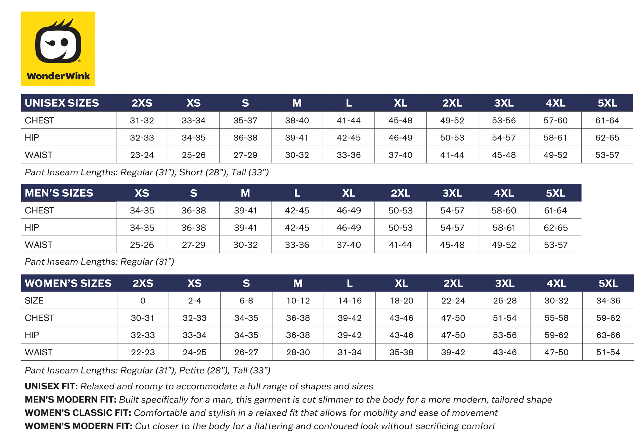 Custom Wonder Wink Sizing Chart