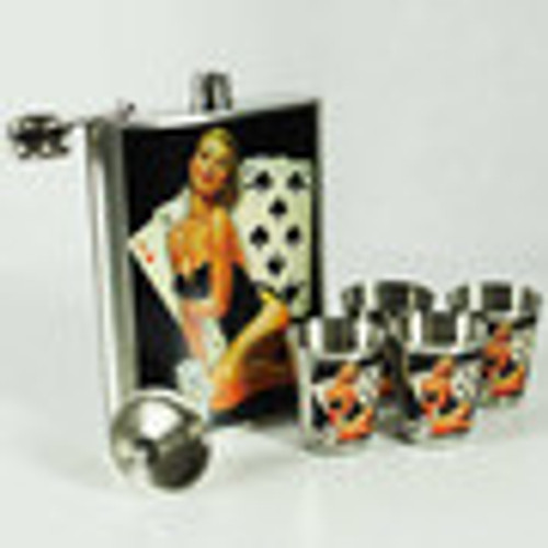 Poker Lady Flask, Funnel and 4 shot glass set