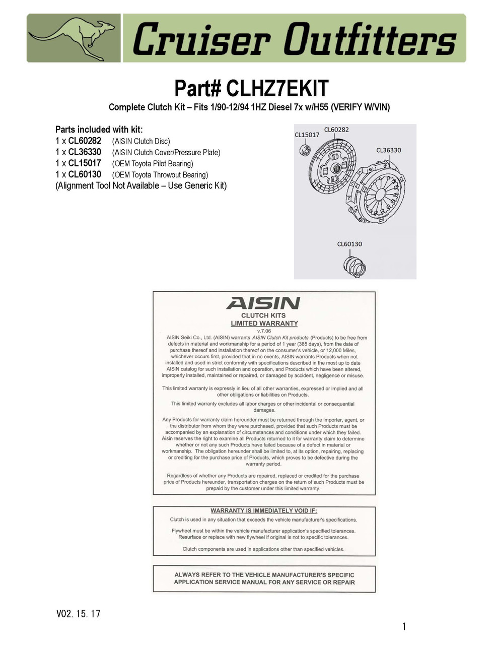 Clutch Kit - Fits 1/90-12/94 1HZ Diesel w/H55F (CLHZ7EKIT)