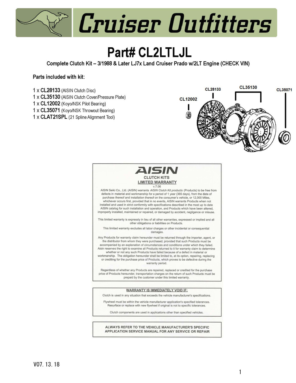 Clutch Kit - Fits 3/1988+ LJ7x w/2LT Diesel (CL2LTLJL)