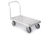 An aluminum platform truck (or platform cart) with texture on the platform top and a tubular U-shaped handle. The cart has four casters.