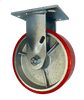 heavy duty rigid caster with 4" red poly wheel on steel, 3/4 side view