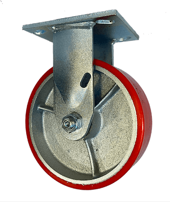 medium duty rigid caster with 4" red poly wheel on steel, 3/4 side view