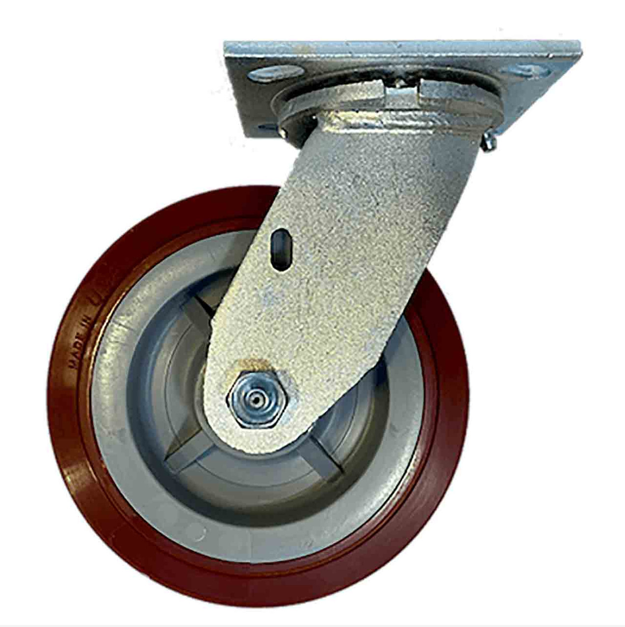 Swivel caster with dark read POLY HI-TECH wheel with top plate