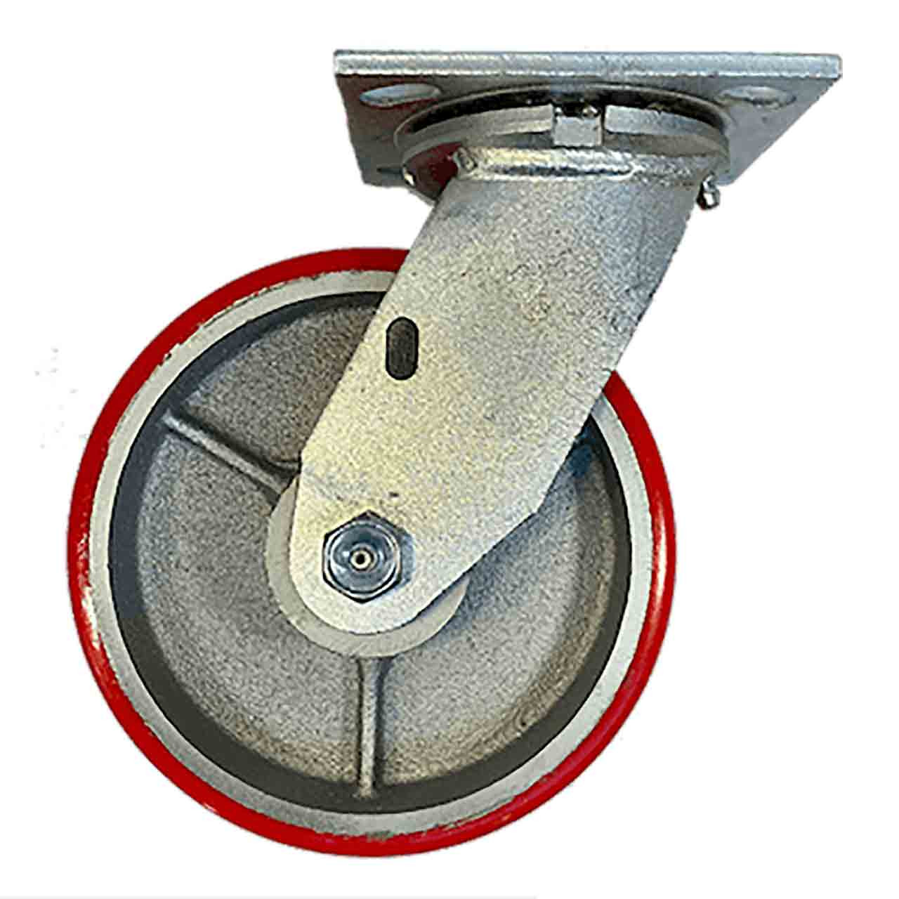 heavy duty swivel caster with capacity up to 1,200 lbs with red poly-on-steel wheel.