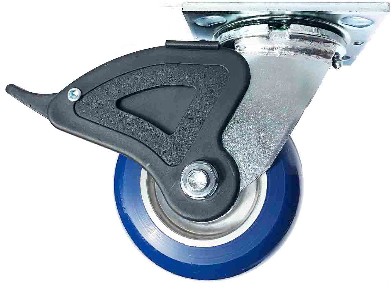 8" swivel caster with total lock brake and 1,250 lbs capacity blue poly wheel on aluminum