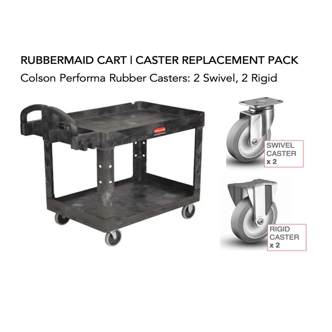 Ergonomic, durable casters for carts, rubbermaid carts, and light and medium duty applications. Grey casters support up to 325 lbs each.