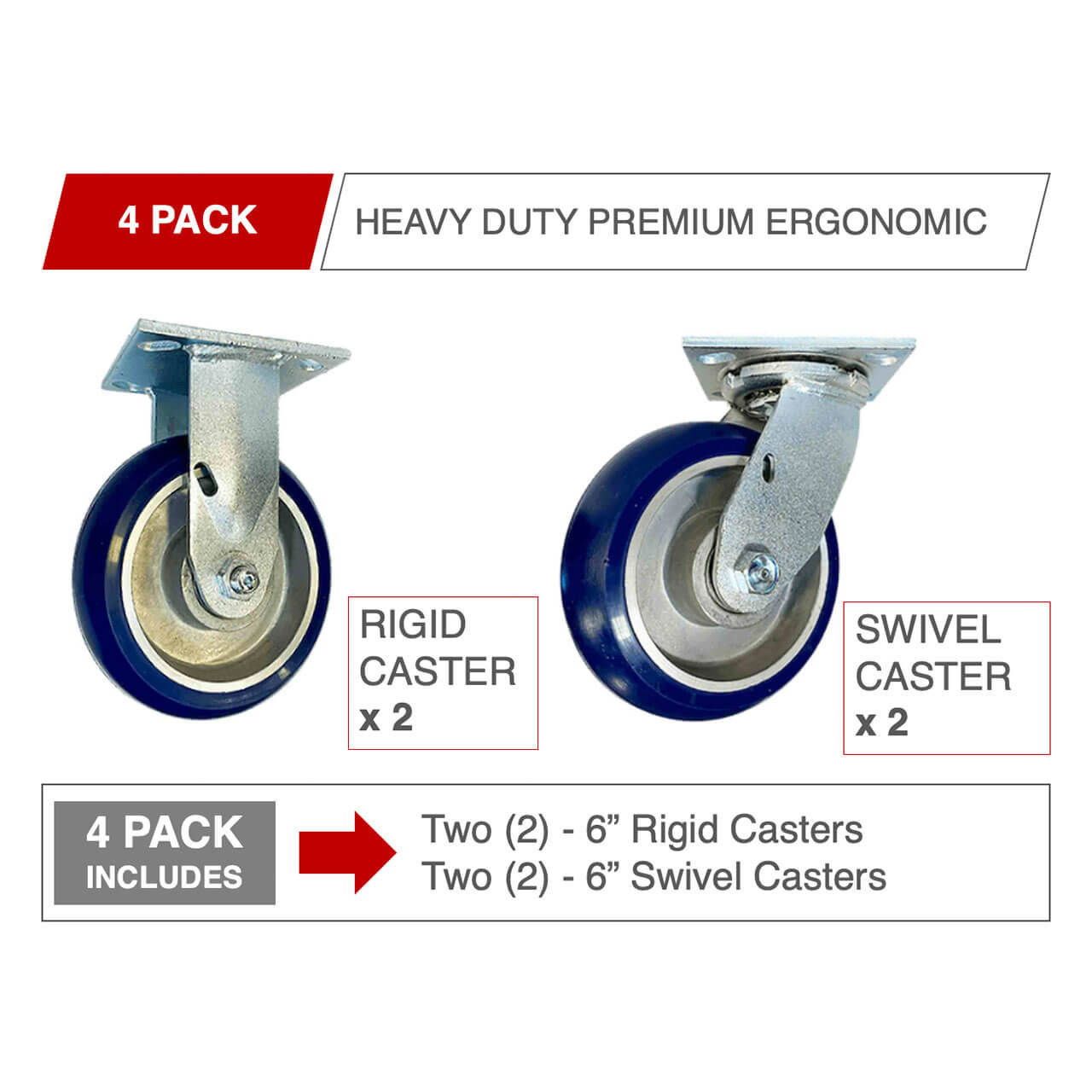 a four pack of 6" blue poly on aluminum casters with two swivel and two rigid casters