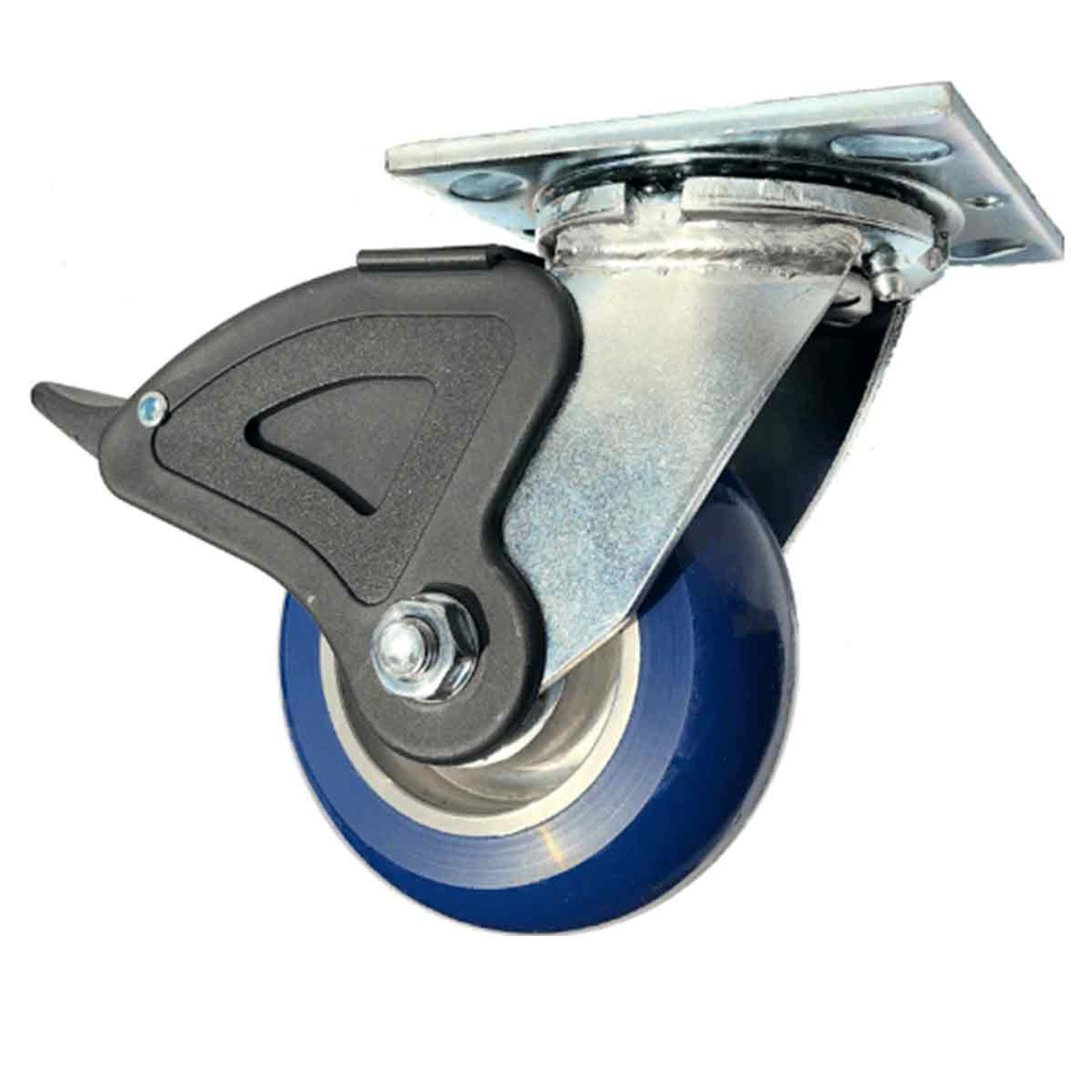 5" swivel caster with top plate has a 1,000 lbs capacity blue poly wheel on aluminum, includes custom threaded holes in top plate for text tube mounting.
