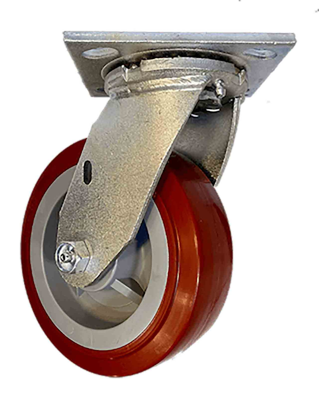 Swivel caster with dark red poly-on-steel wheel