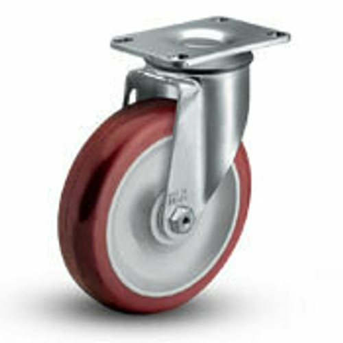 " swivel caster has a red poly HI-TECH wheel and has a load capacity of 300 lbs.