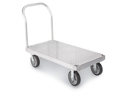 An aluminum platform truck (or platform cart) with texture on the platform top and a tubular U-shaped handle. The cart has four casters.