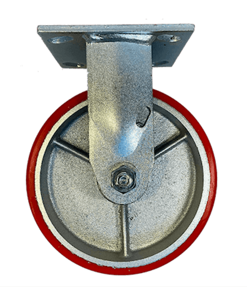 heavy duty rigid caster with 4" red poly wheel on steel, full view