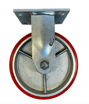 medium duty rigid caster with 4" red poly wheel on steel, full view