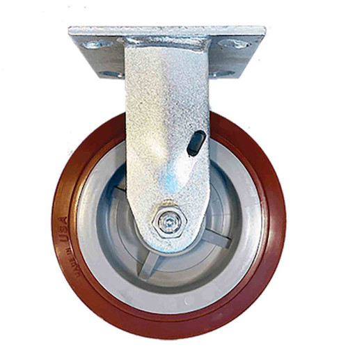 Rigid caster with top plate and dark red poly HITECH wheel with full side view