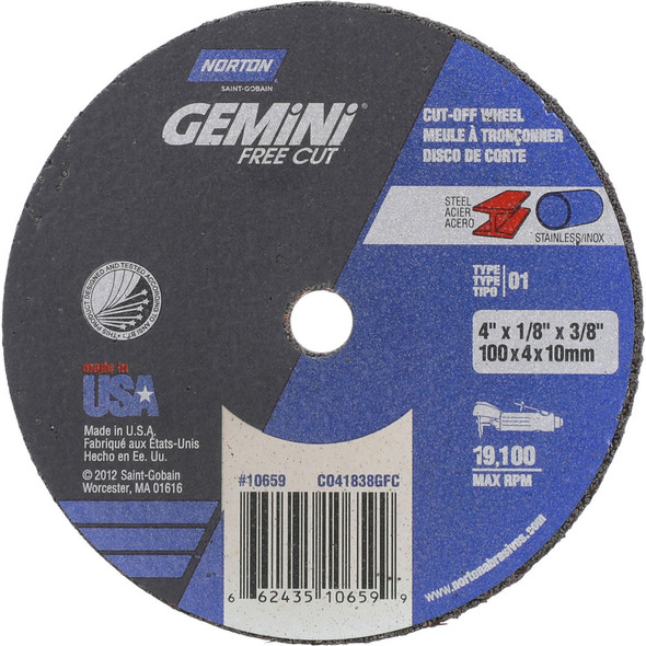 NOR 66243510659 Cut-Off Wheel T01/T41 - 4" x 1/8" x 3/8" Gemini Free C