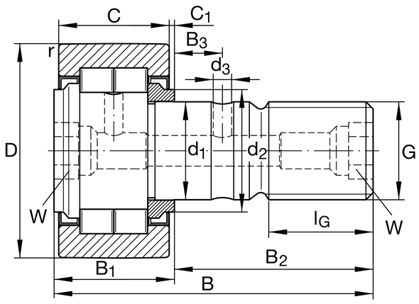 INA NUKR35-A Cam Follower Bearing 35MM Roller Diameter; 18MM Roller Width; Crowned Roller Surface; Stud Type; 16MM Stud Diameter; M16X1.5 Thread; Standard Stud; Sealed; Cylindrical Roller Bearing - Double Row; Relubricatable; Hex Socket