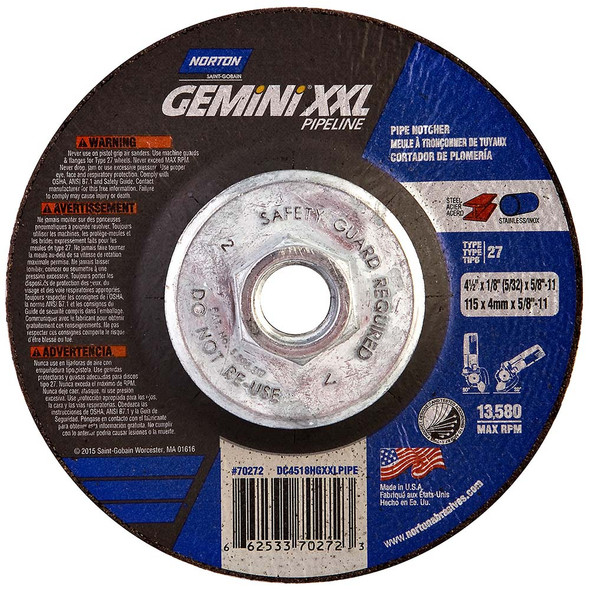 NOR 66253370272 Grinding Wheel Pipeline 4-1/2 x 1/8 x 5/8-11 Gemini XXL
