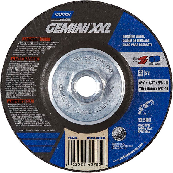 NOR 66252843785 Grinding Disc T27 - 4-1/2"X1/4"X5/8-11 Gemini XXL