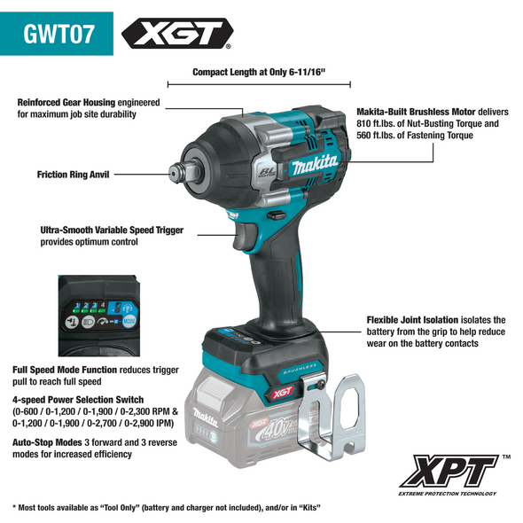 MAK GWT07Z 1/2" Sq. Drive Impact Wrench 40V max XGT Brushless Cordless 4?Speed Mid?Torque w/ Friction Ring Anvil, Tool Only