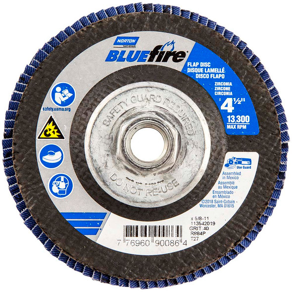 NOR 77696090086 Flap Disc 4-1/2" X 5/8-11" 40 Grit Bluefire Firberglass T27