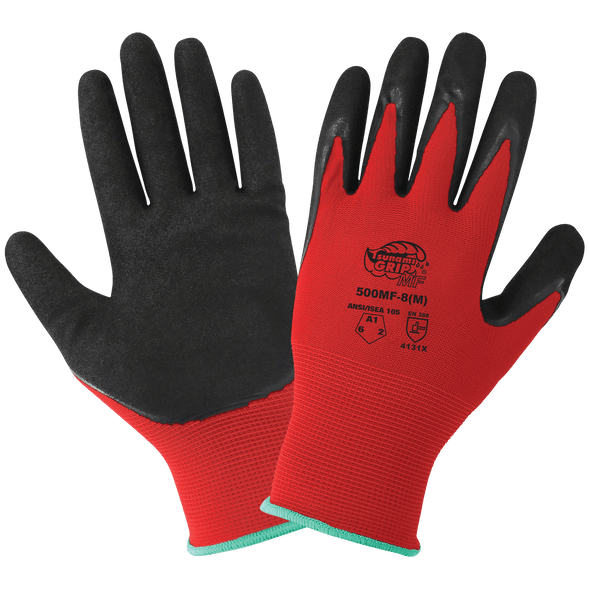 GLG 500MF-M Glove Tsunami Grip 13 Gauge Red Nylon Shell Smooth Nitrile Dipped Palm W/Second Coating Of Black Mach Finish Nitrile Dipped Palm Knit Wrist Ansi Cut Level A1 Anti Static Electrostatic Compliant Size Medium