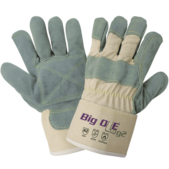 GLG 2000DP Big Ole G2 - Leather Palm Gloves, Premium Sage Green 1.9MM Split Cowhide, Double Palm, Gunn Cut, Rubberized Safety Cuff