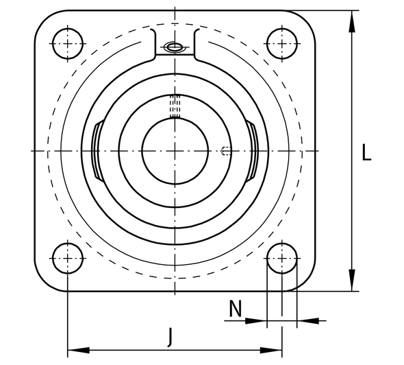 INA RCJY60-XL-N Flange Block Square 4 Bolt 60MM Bore; 202MM Bolt Circle; 143MM Bolt Spacing; 1 Piece Solid; Set Screw Mount; Cast Iron; Ball Bearing; 65.09MM Length Thru Bore; Relubricatable; Double Land Riding Rubber Contact Seals