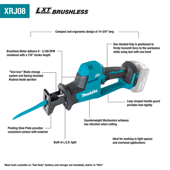 MAK XRJ08Z Recipro Saw, 18V Brushless Cordless Compact One Handed, Tool Only