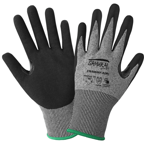 CUT RESISTANT GLOVES, XL 18GA SALT-AND-PEPPER SEAMLESS TUFFALENE SHELL, BLACK MACH FINISH NITRILE-COATED PALM, REINFORCED THUMB CROTCH, TOUCH SCREEN COMPATIBLE, KNIT WRIST. CUT A6, ABRASION 4, PUNCTURE 4.