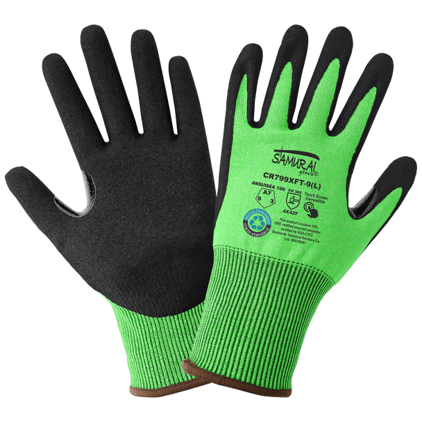 GLG CR799XFT-10(XL) Glove Samurai Cut Resistant 18 Gauge Hi-Vis Green Tuffalene/RPET Shell Black xtreme Foam Tech Palm Cut Level A7