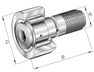 INA NUKR40-A Cam Follower 40MM Roller Diameter; 20MM Roller Width; Crowned Roller Surface Profile; 18MM Stud Diameter; M18X1.5 Thread Size; Sealed, Cylindrical Roller Bearing-Double Row;