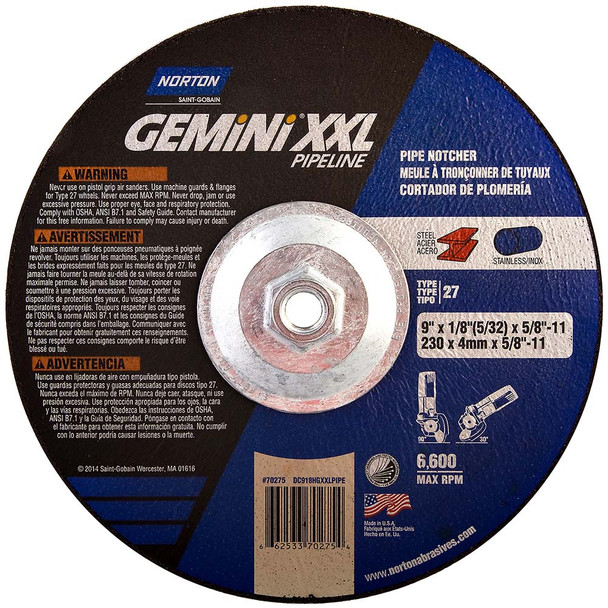 NOR 66253370275 9 X 1/8 X 5/8-11 IN. GEMINI XXL GRINDING AND CUTTING WHL A 30 V T2